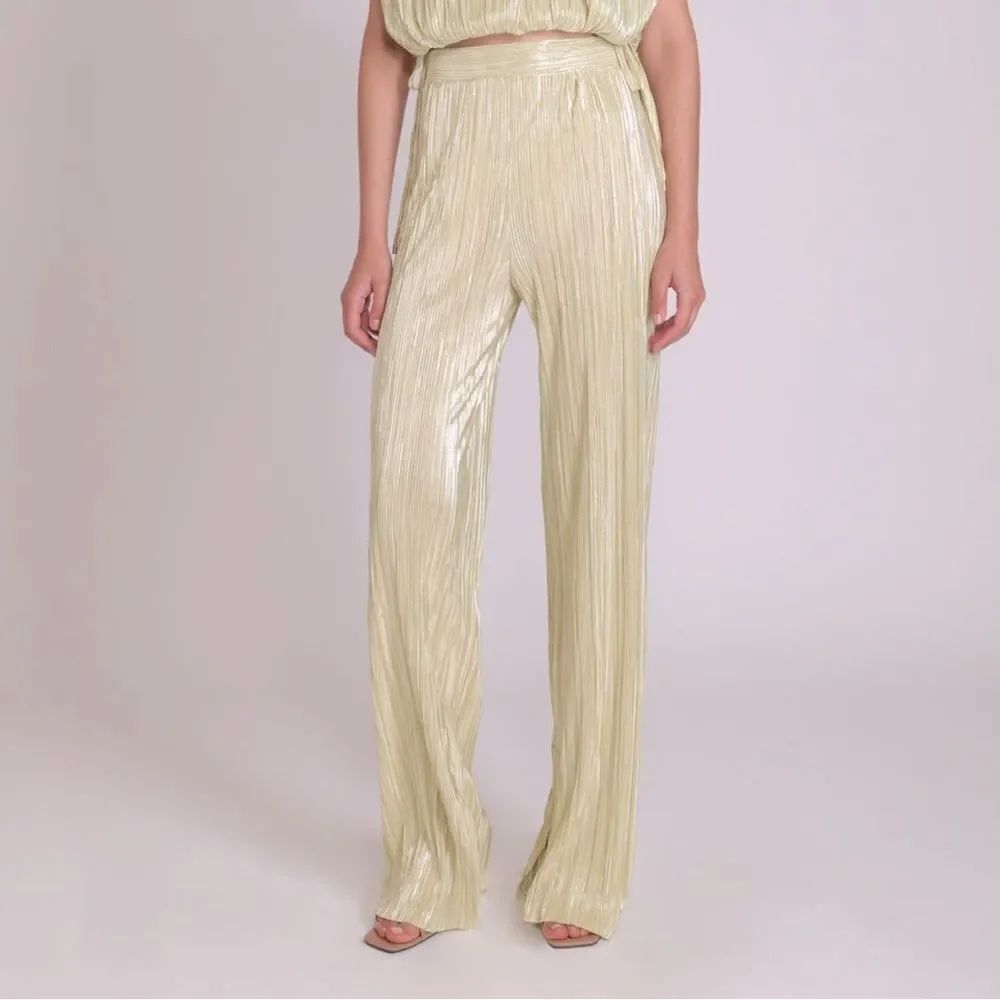 Sabina Musayev Pleated Metallic Wide-Leg Pants Mint Green Size L NWT